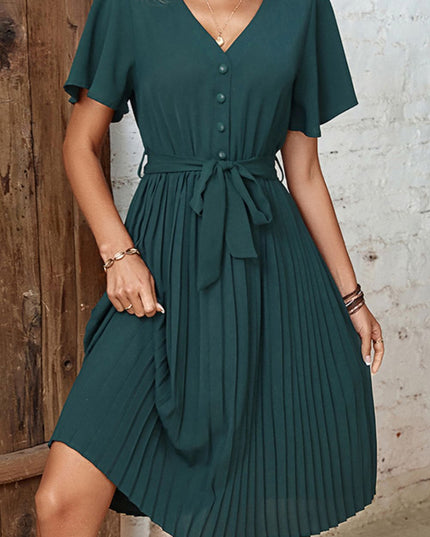 Buttoned V-Neck Flutter Sleeve Pleated Dress