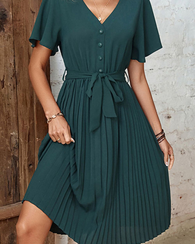 Buttoned V-Neck Flutter Sleeve Pleated Dress