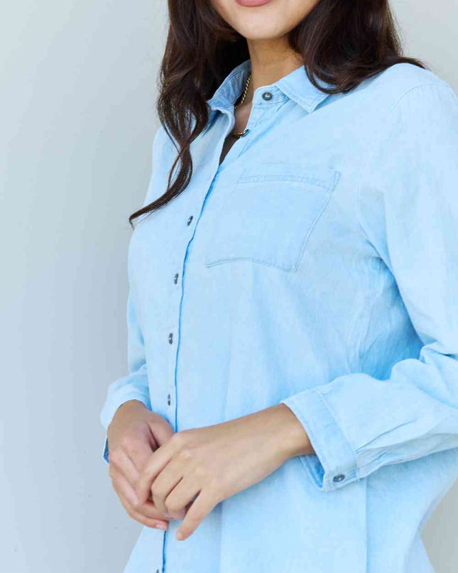 Doublju Blue Jean Baby Denim Button Down Shirt Top in Light Blue