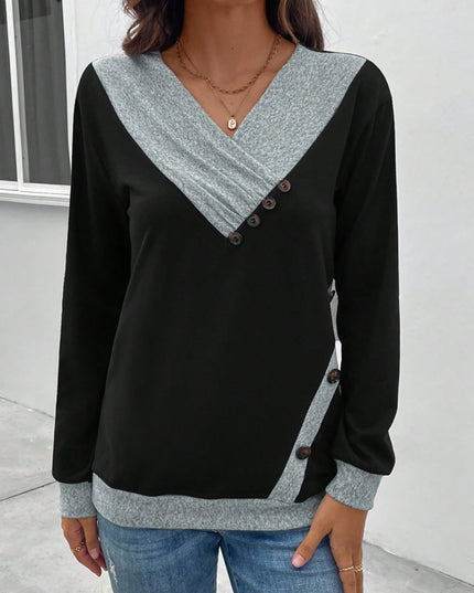 Contrast V-Neck Decorative Button Top