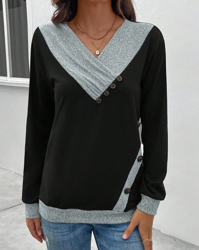 Contrast V-Neck Decorative Button Top