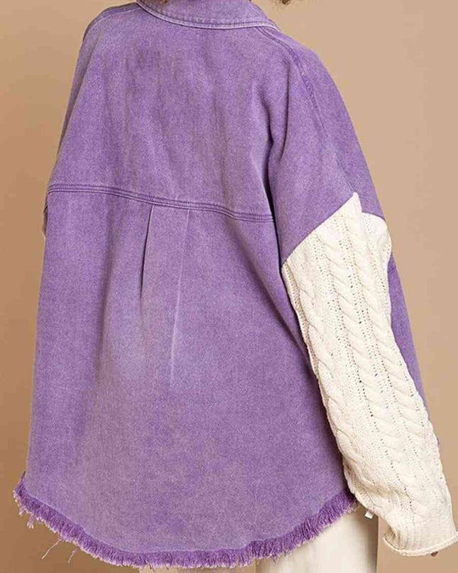 Cable-Knit Raw Hem Denim Jacket