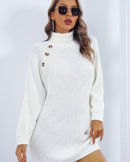 Buttoned Turtleneck Long Sleeve Sweater Dress