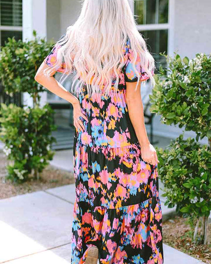 Printed V-Neck Short Sleeve Maxi Dress