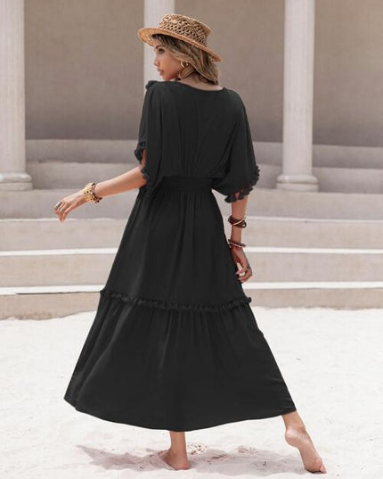 Tassel Trim Smocked V-Neck Short Sleeve Dress