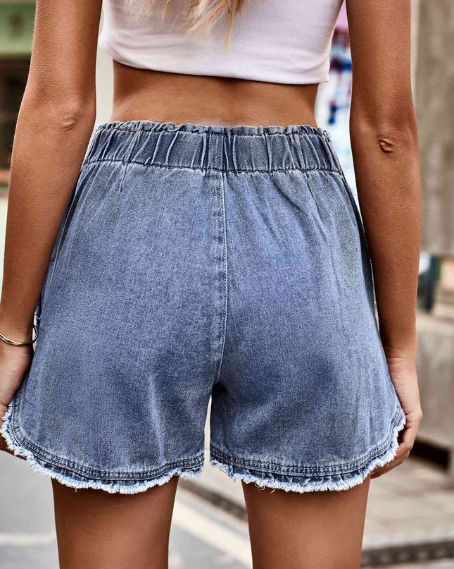 Elastic Waist Raw Hem Denim Shorts