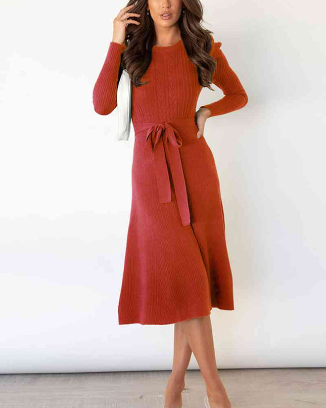 Round Neck Long Sleeve Tie Waist Sweater Dress