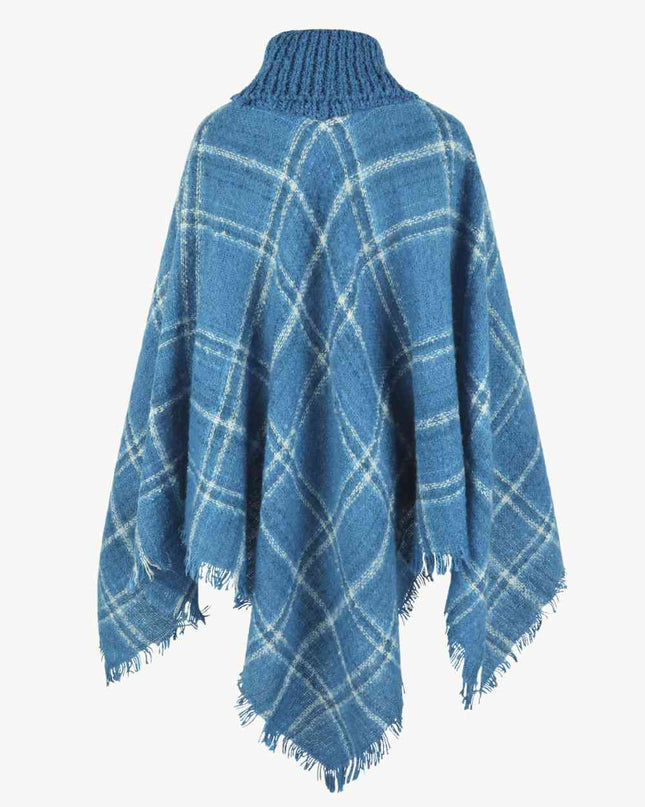 Plaid Turtleneck Fringe Hem Poncho
