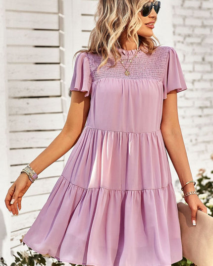 Smocked Puff Sleeve Tiered Mini Dress