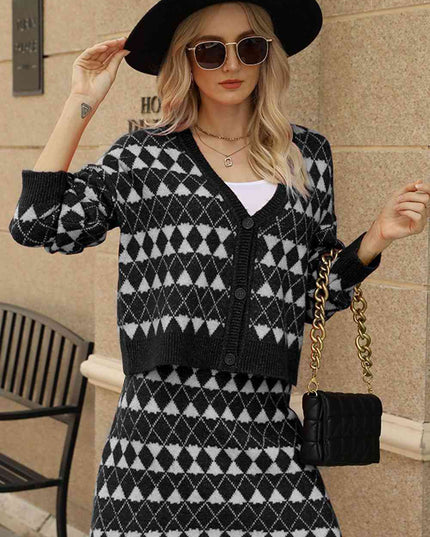Geometric Dropped Shoulder Cardigan and Knit Skirt Set
