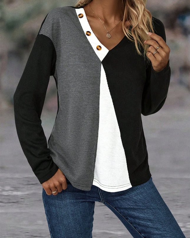 Color Block Decorative Button V-Neck Top