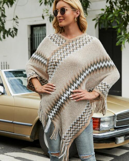 Fringe Hem Striped Cape Sleeve Poncho