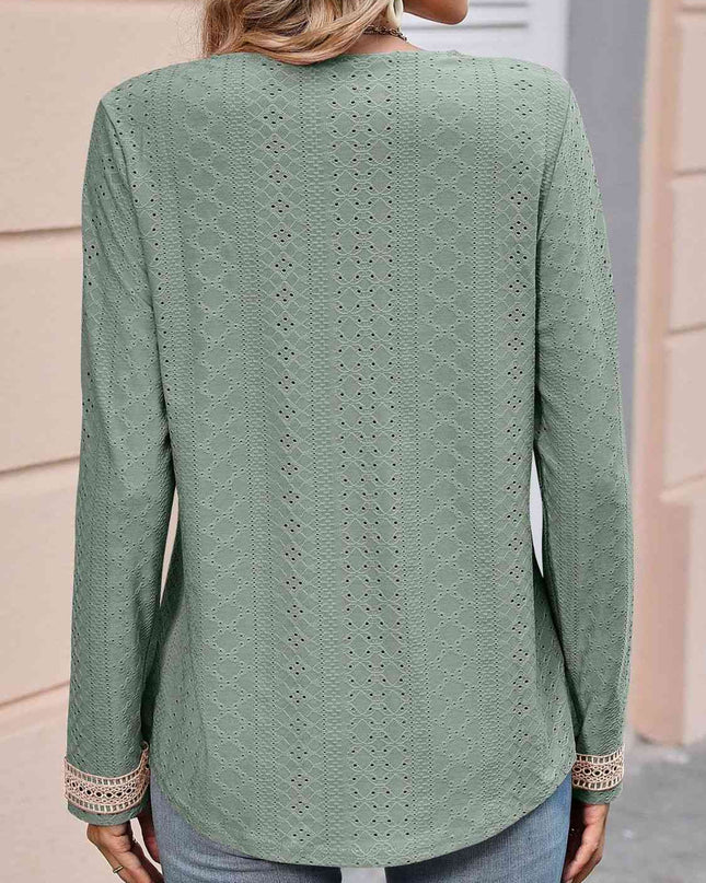 Double Take Contrast V-Neck Eyelet Long Sleeve Top