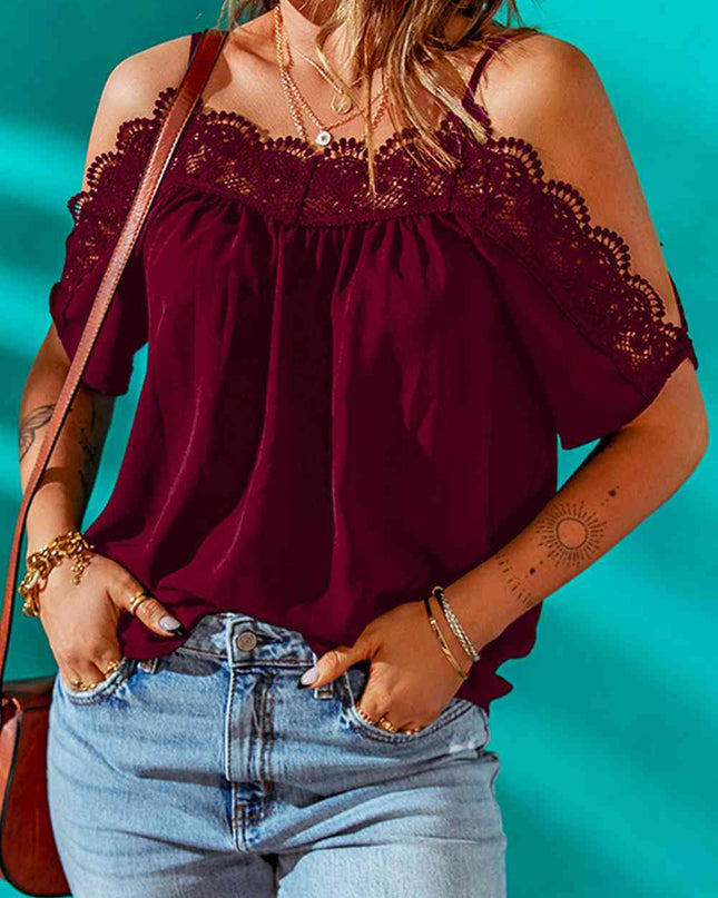 Spaghetti Strap Cold-Shoulder Lace Trim Blouse
