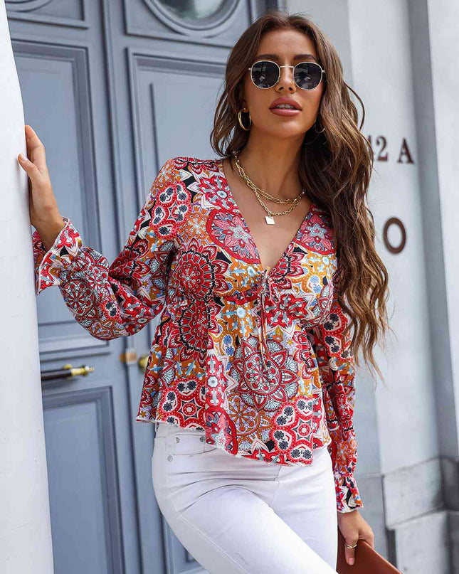 Printed V-Neck Flounce Sleeve Blouse