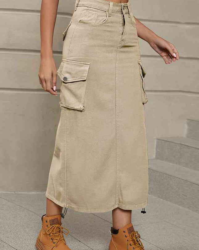 Drawstring Denim Skirt with Pockets