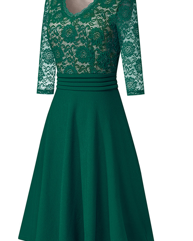 V-Neck Lace Detail Knee-Length Dress