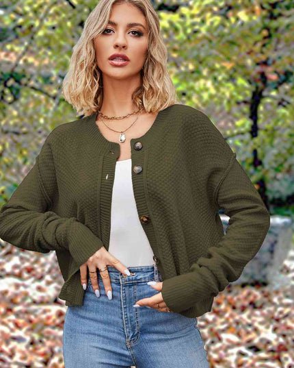 Button Up Round Neck Drop Shoulder Cardigan