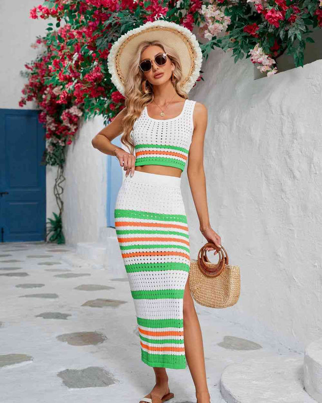 Striped Openwork Cropped Tank and Split Skirt Set