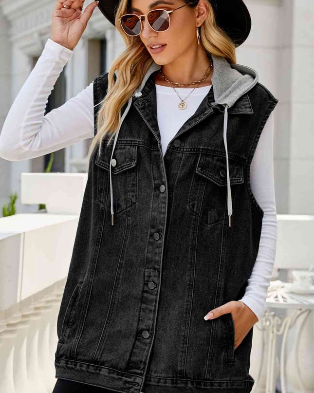 Drawstring Hooded Sleeveless Denim Top with Pockets