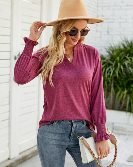 Heathered Flounce Sleeve Curved Hem Top