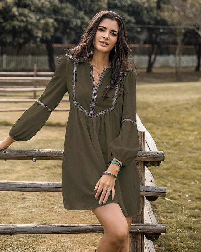 Notched Balloon Sleeve Mini Dress