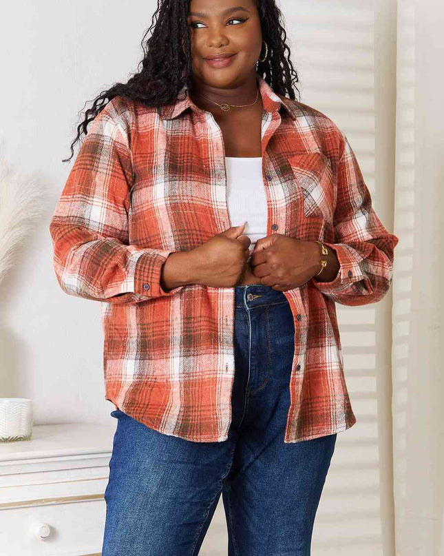Double Take Plaid Collared Neck Long Sleeve Shirt