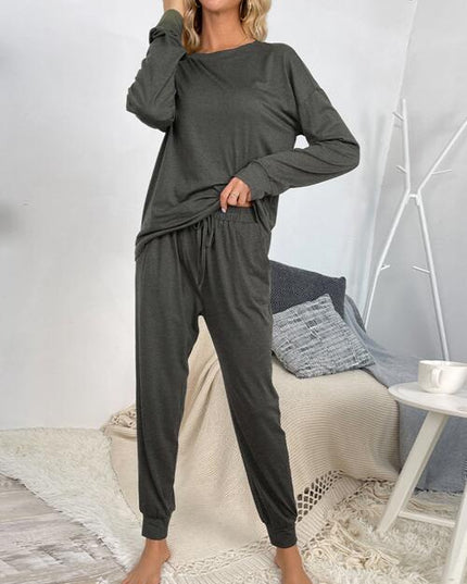 Round Neck Top and Drawstring Pants Lounge Set