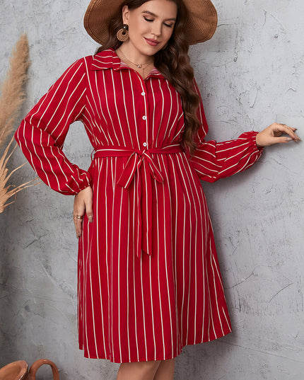 Plus Size Striped Tie Waist Shirt Dress