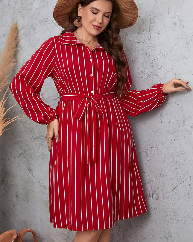 Plus Size Striped Tie Waist Shirt Dress
