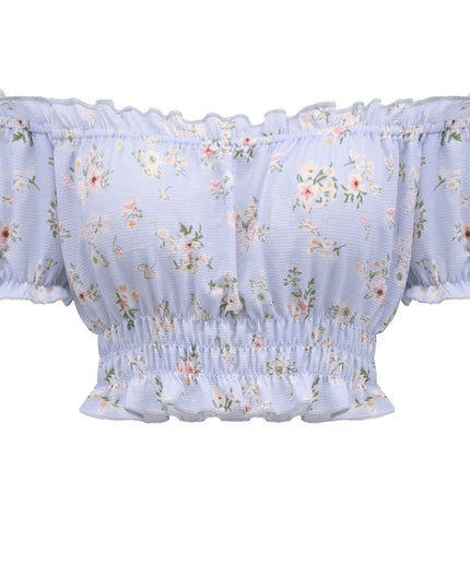 Cropped Off-Shoulder Frill Trim Smocked Blouse