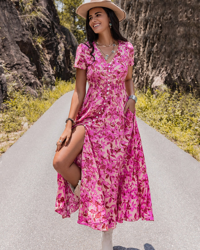Floral V-Neck Slit Dress