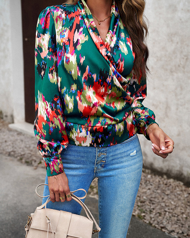 Printed Surplice Neck Long Sleeve Blouse