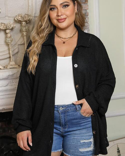 Plus Size Waffle Knit Button Up Collared Neck Shirt