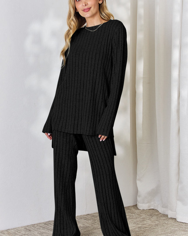 Basic Bae Full Size Ribbed High-Low Top and Wide Leg Pants Set
