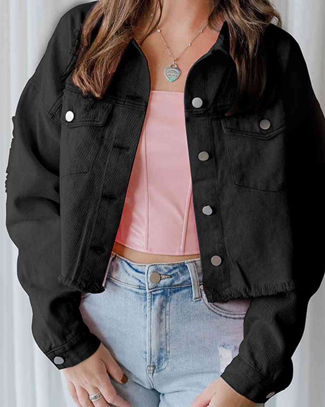 Distressed Raw Hem Dropped Shoulder Denim Jacket