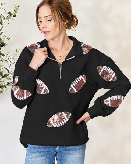 Double Take Full Size Sequin Football Half Zip Long Sleeve Sweatshirt