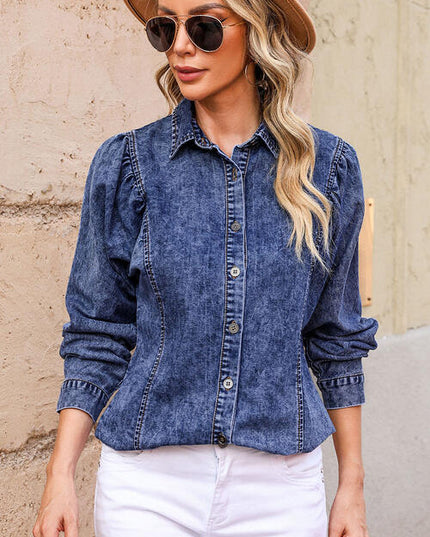 Button Up Collared Neck Denim Top