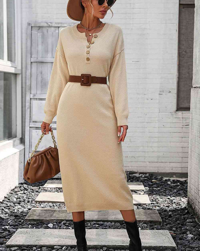 Notched Neck Dropped Shoulder Button-Down Midi Dress