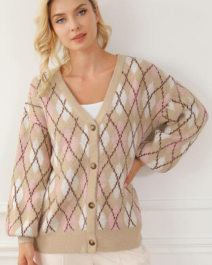 Button Up Geometric Dropped Shoulder Cardigan