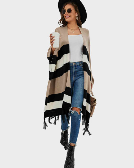 Striped Open Front Fringe Cardigan
