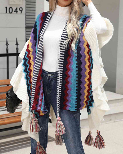 Striped Open Front Poncho with Tassels