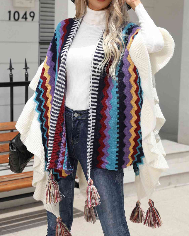 Striped Open Front Poncho with Tassels
