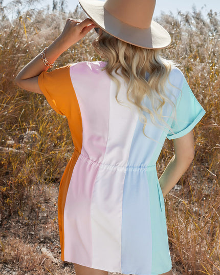 Multicolored Drawstring Waist V-Neck Dress