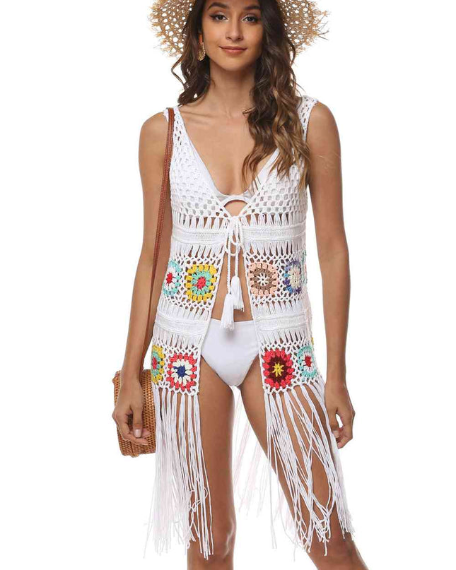 Openwork Fringe Detail Embroidery Sleeveless Cover-Up
