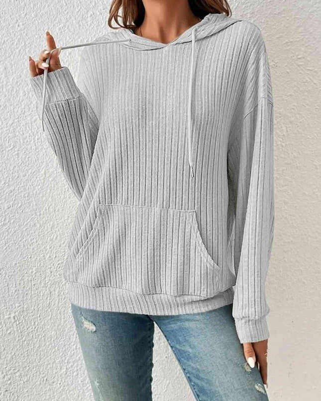 Ribbed Dropped Shoulder Drawstring Hoodie