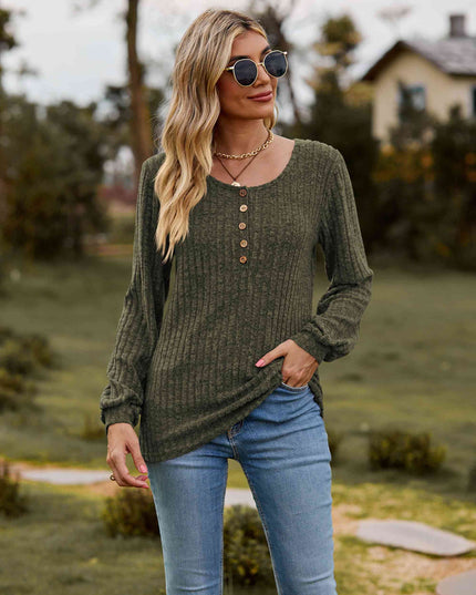 Round Neck Button-Down Long Sleeve Tee