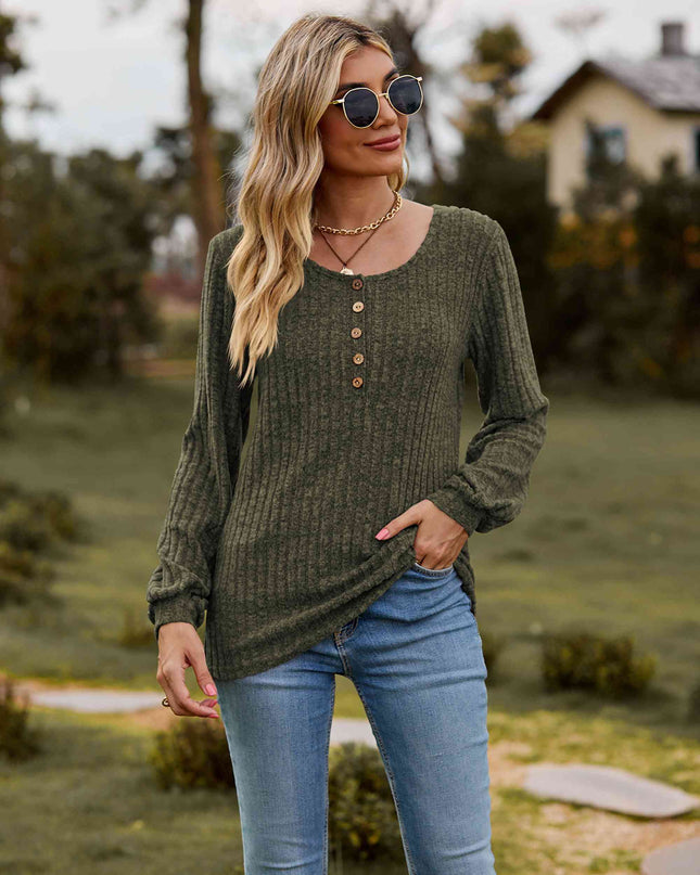 Round Neck Button-Down Long Sleeve Tee