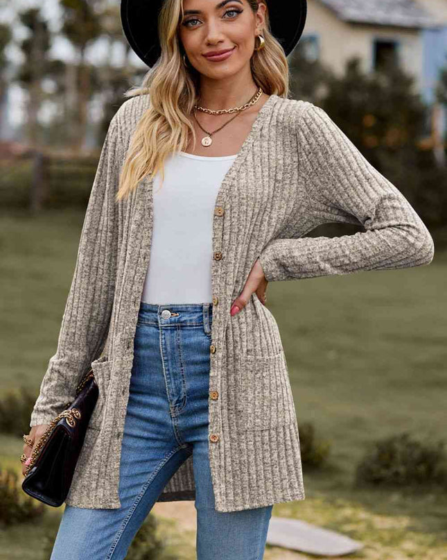 Ribbed Button-Up Cardigan with Pockets