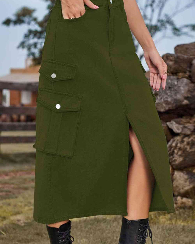 Slit Front Midi Denim Skirt with Pockets